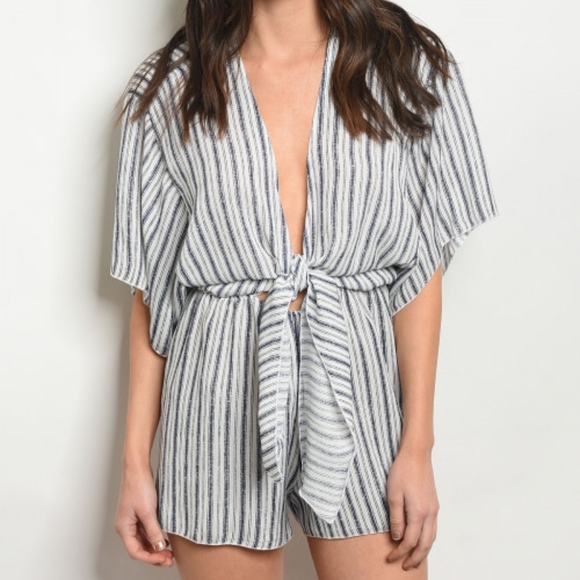 Navy & white pinstripe, tie front shorts romper - Picture 2 of 8